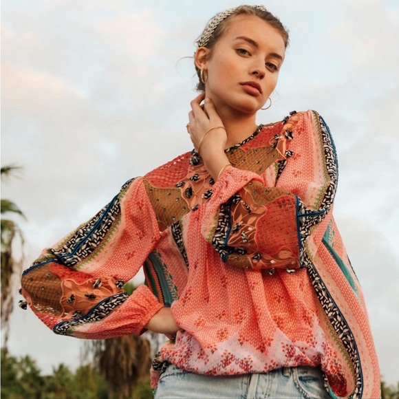 Bhanuni By Jyoti Tops - Bhanuni by Jyoti Rosario Embroidery Blouse SM Bohemian High Neck Long Sleeve Top